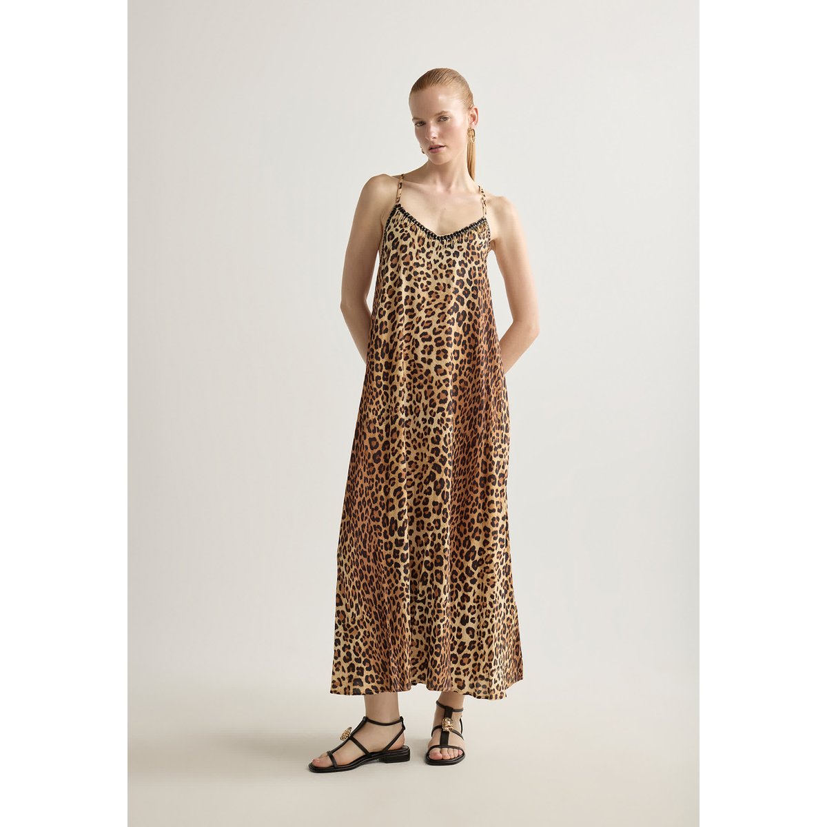 Robe longue imprimé léopard à bretelles et strass léopard, LOLA CASADEMUNT