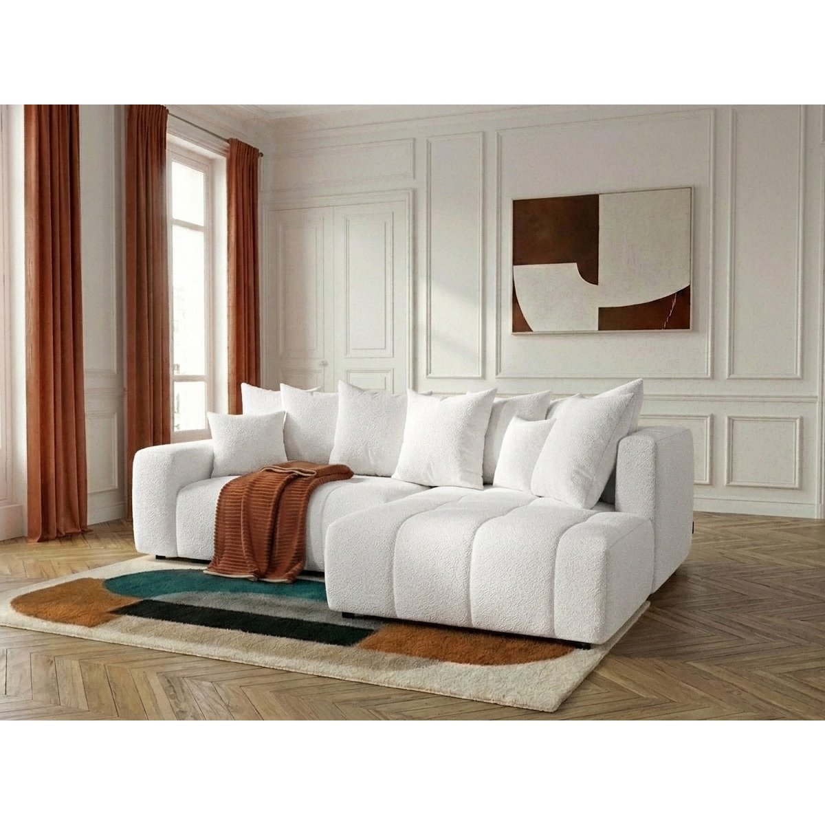 Canapé d'angle convertible 4 places en tissu bouclette, ROXELANE blanc, BOBOCHIC