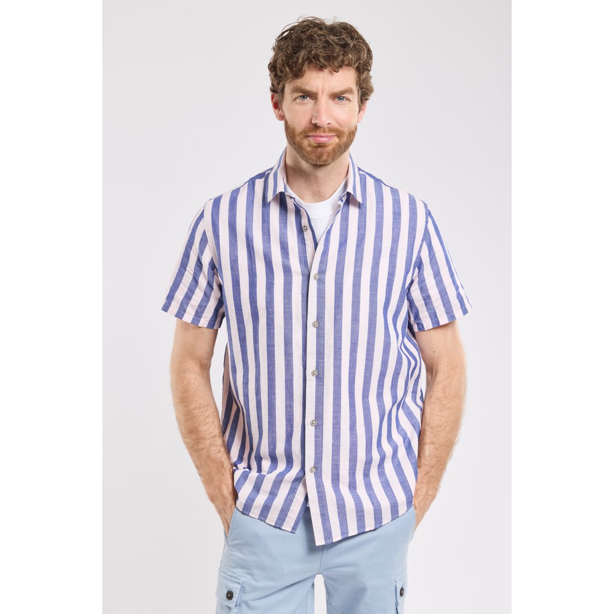 Chemise manches courtes rayée ERNOUCO vieux rose, BERMUDES