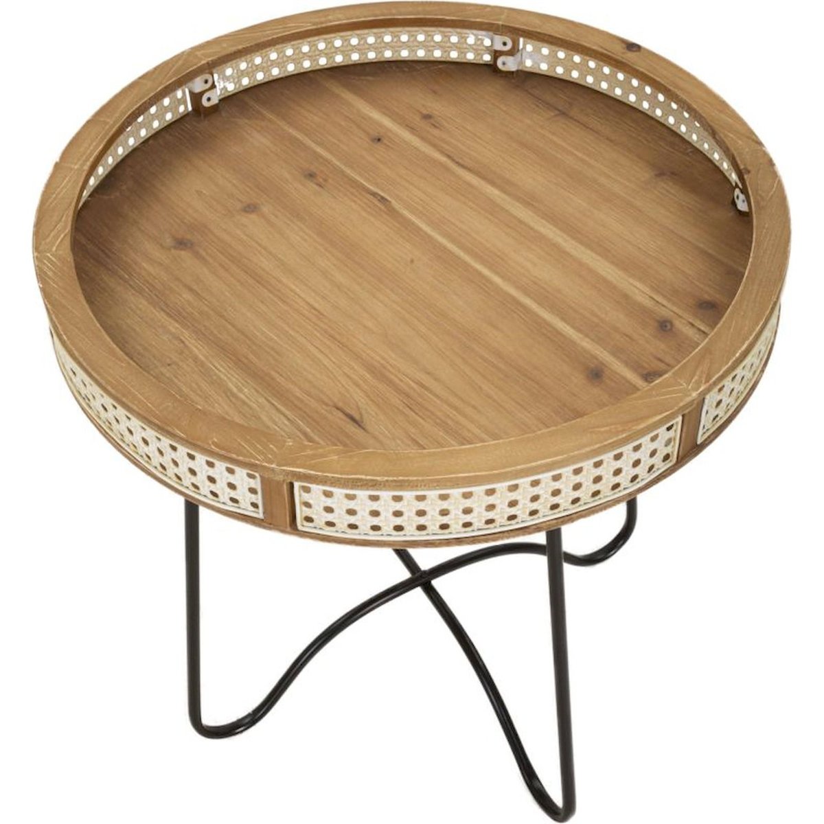 Table d'appoint ronde cannage piètement métal BOHO bois clair, cannage naturel et noir, RECOLLECTION