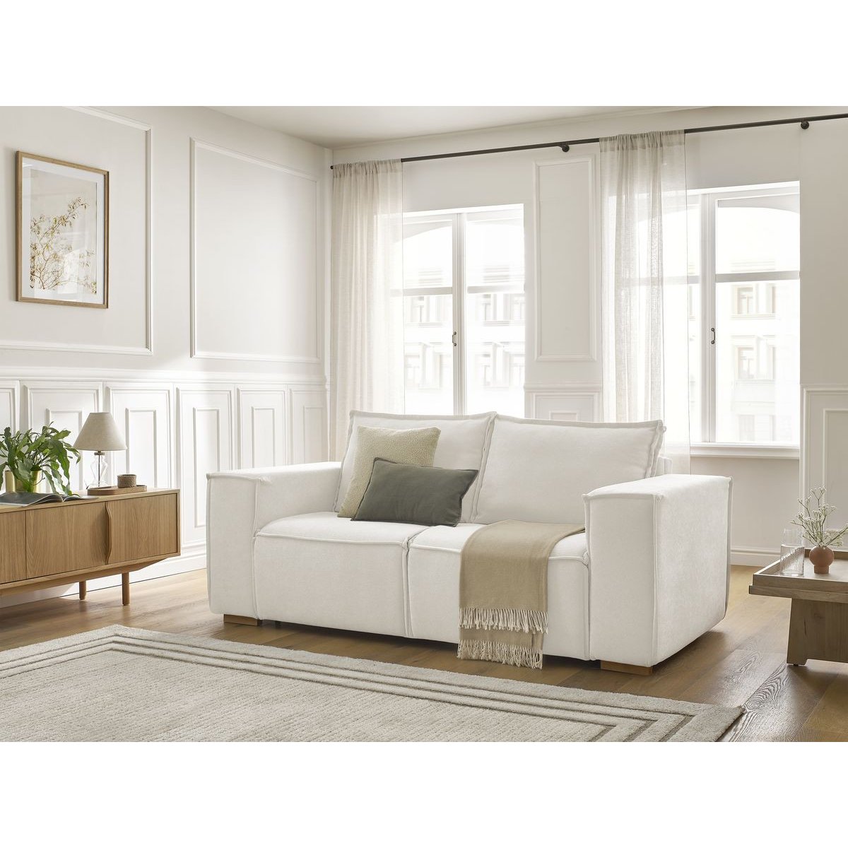 Canapé lit 3 places en tissu texturé couchage 140x200 cm, CHELSEA blanc, BOBOCHIC