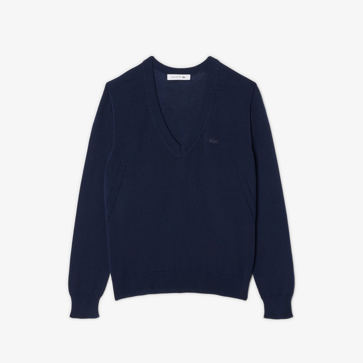 Pull col V maille sans coutures bleu-166, LACOSTE