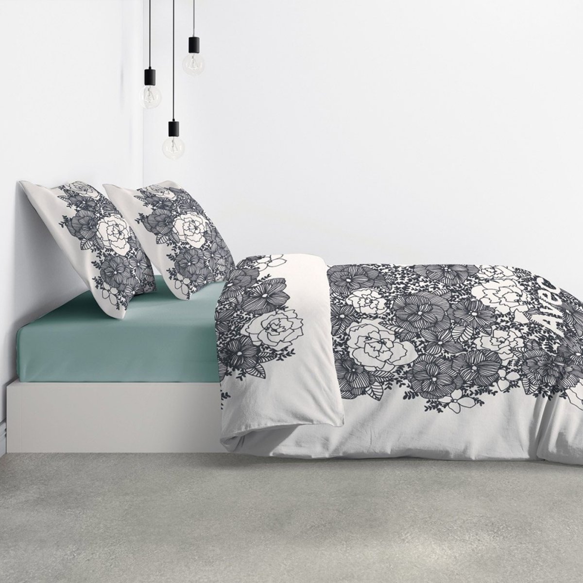 Housse de couette 260x240 Avec Amour + 2 taies coton bio 47 fils blanc, DECORATIE
