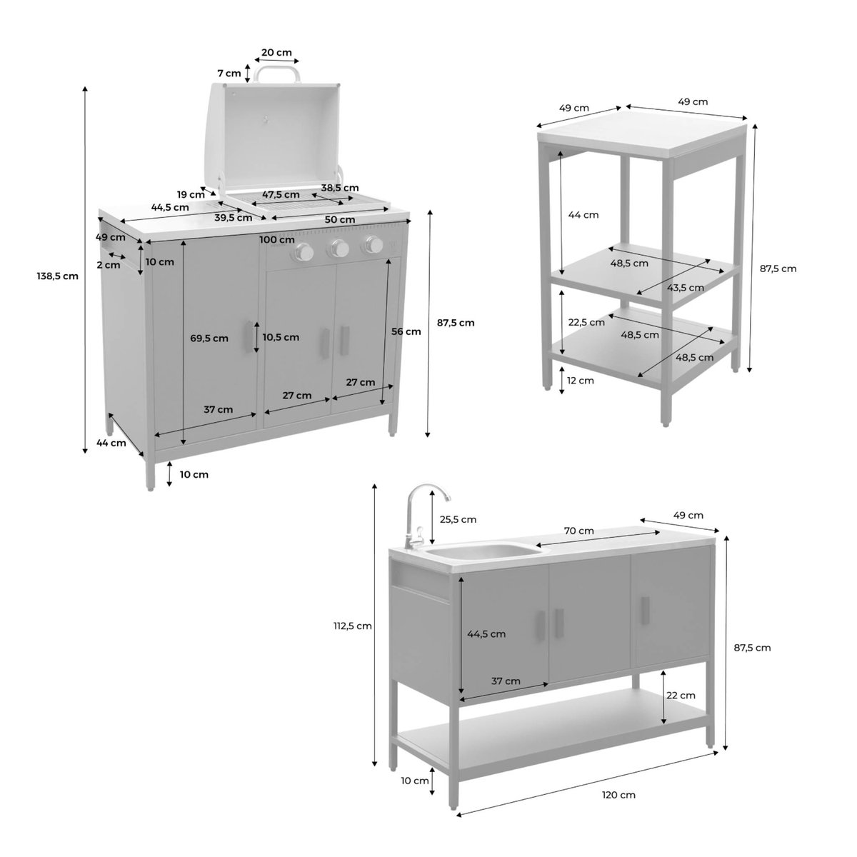 Cuisine d'extérieure 3 modules avec barbecue gaz 3 brûleurs sur pieds, thermomètre NAXOS BARBECUE GAZ + 2 MODULES noir, SWEEEK