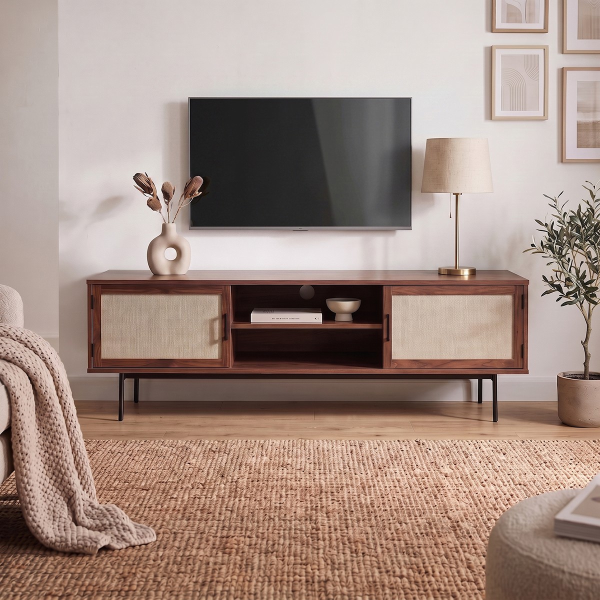 Meuble TV décor noyer avec façades en tissu  L140 cm JETSON bois foncé, CALICOSY