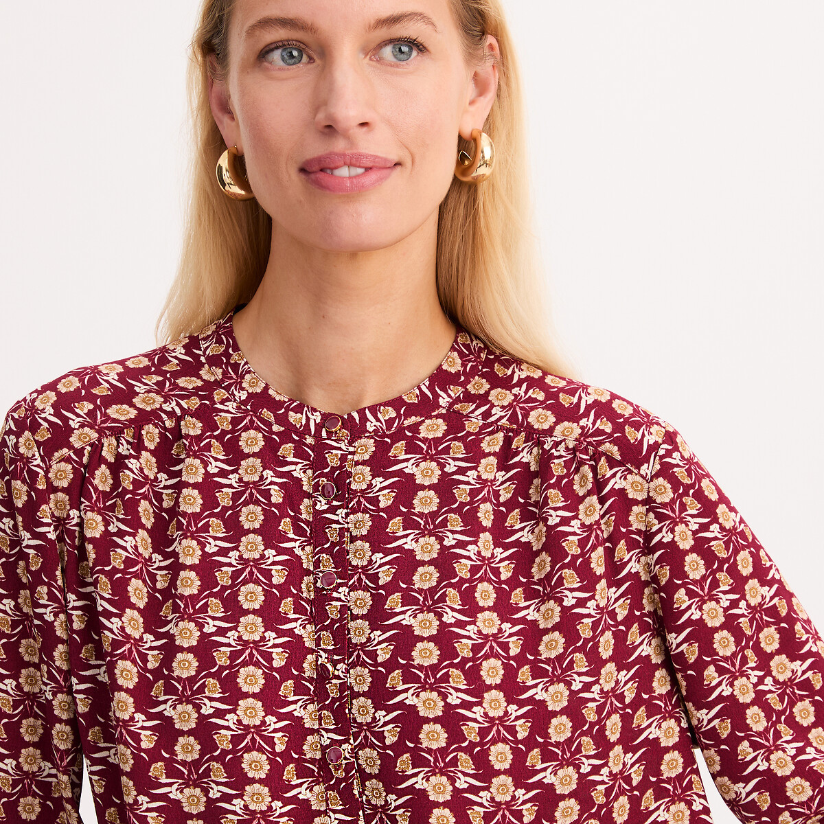 Floral Print Viscose Long Sleeve Grandad Collar Blouse floral print/burgundy background, ANNE WEYBURN