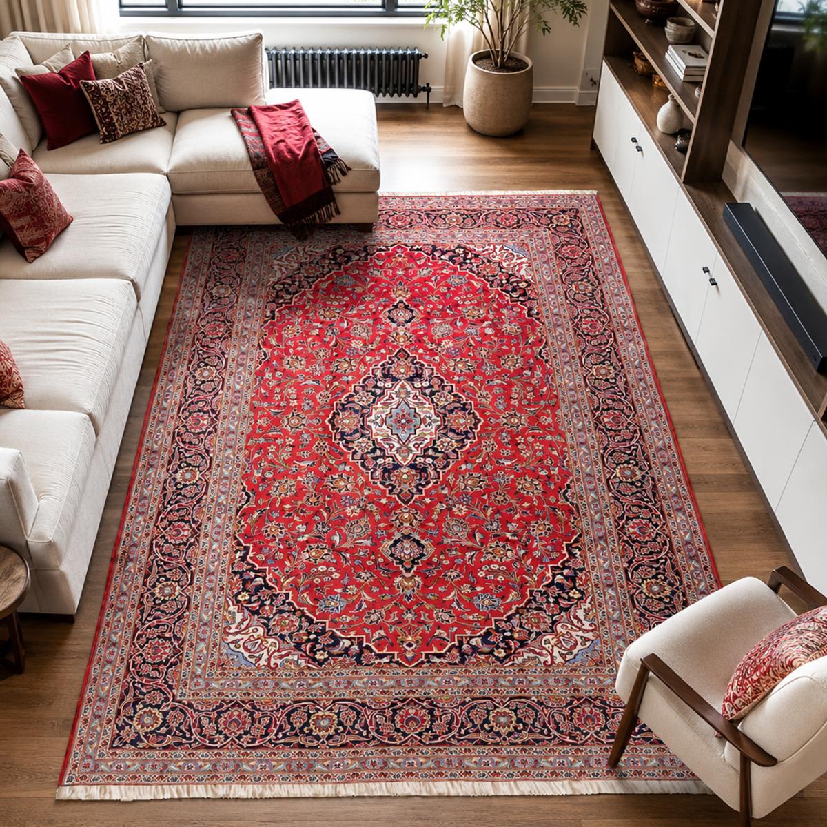Tapis d'orient au motif oriental, noué main en laine, ARDAKAN A rouge, beige, bleu, UN AMOUR DE TAPIS