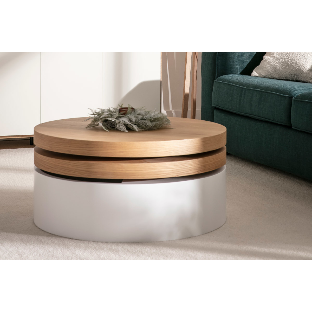Table basse ronde avec plateaux pivotants et rangement blanc et bois clair chêne D80 cm ICON bois clair / blanc, MILIBOO