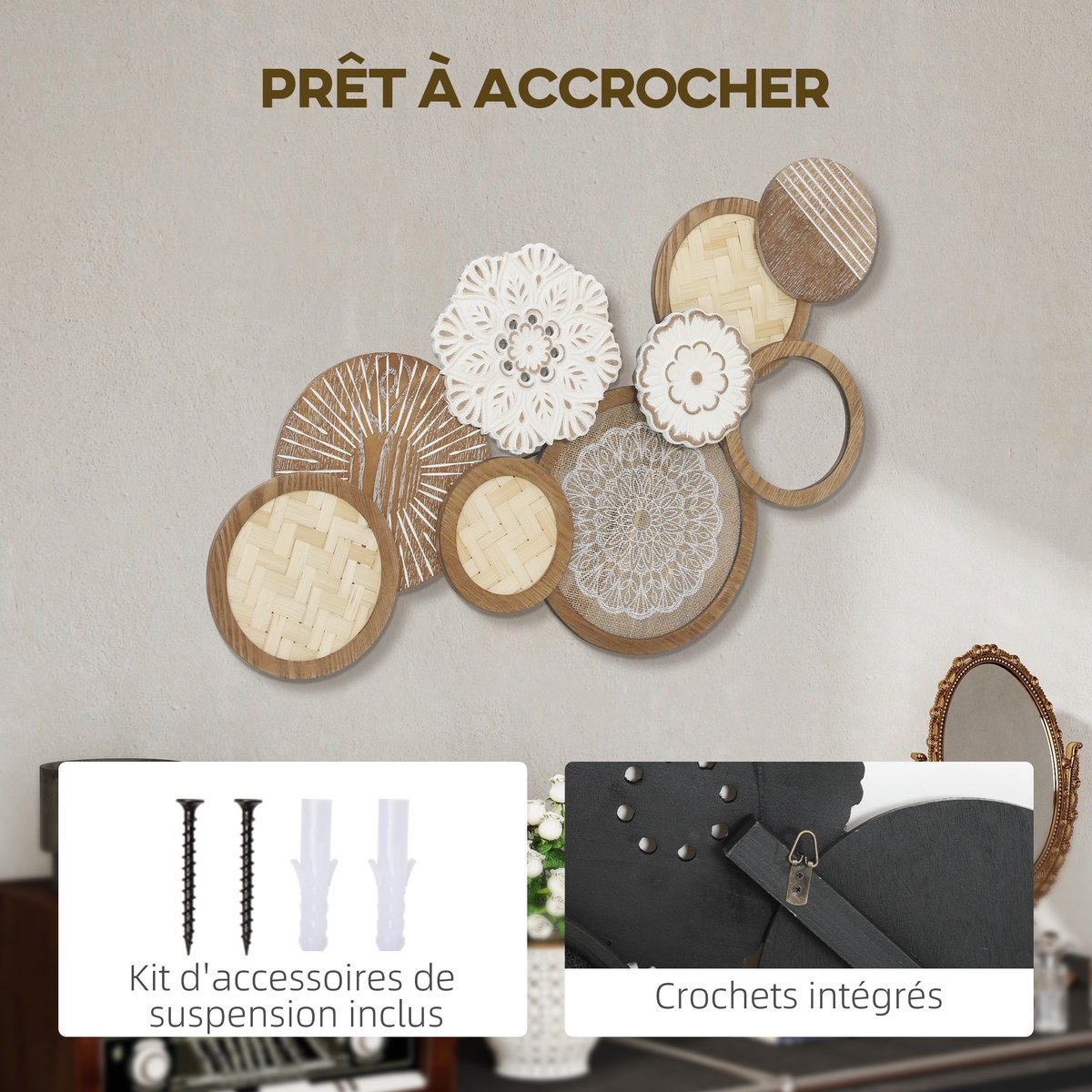 Décoration murale en bois MDF Bois naturel beige, HOMCOM