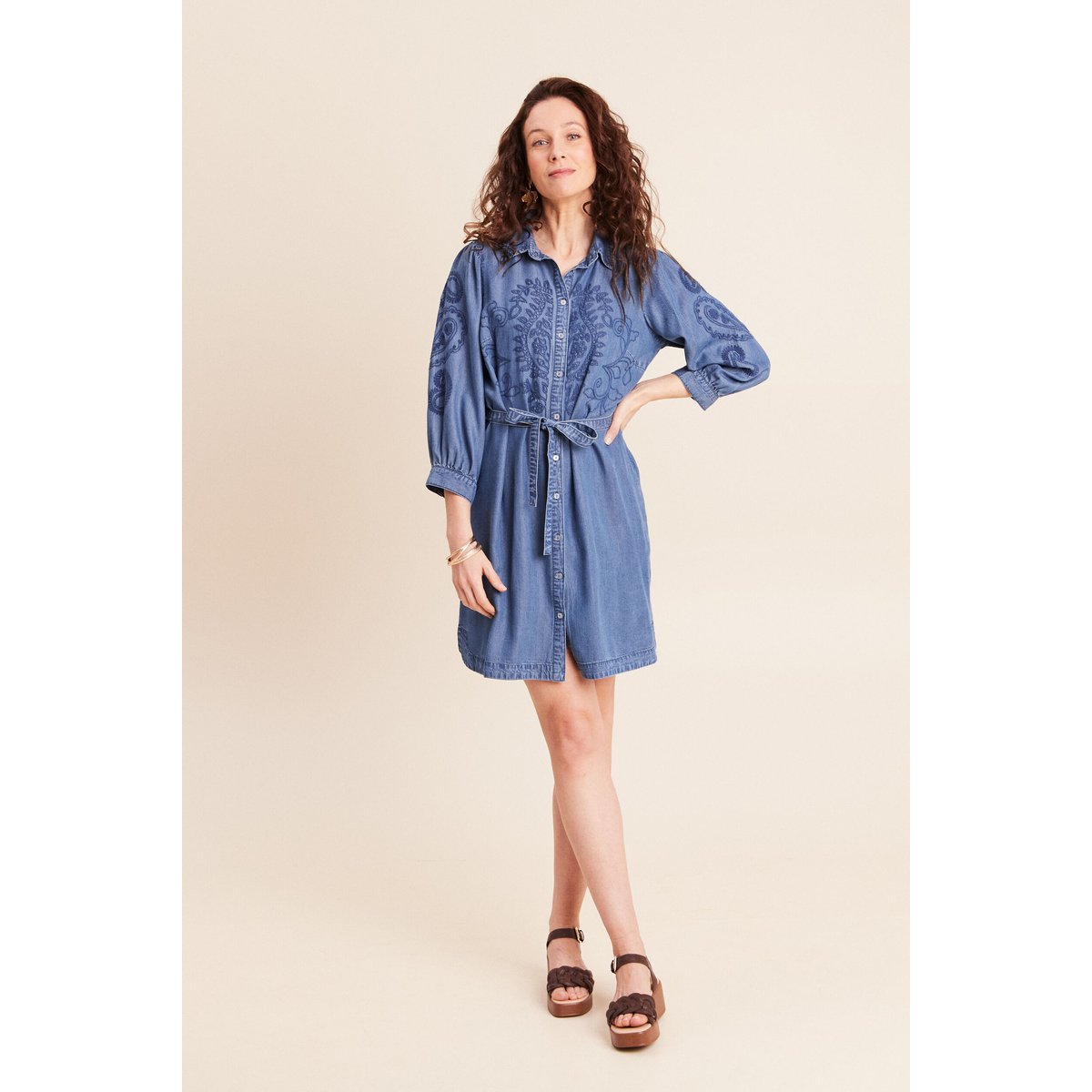Robe courte évasée manches 3/4 brodée denim double stone, BREAL