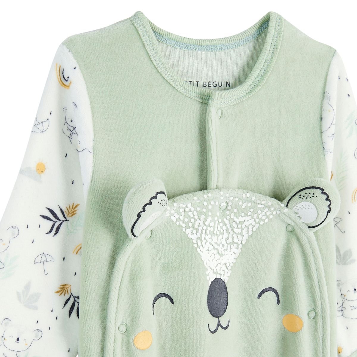 Pyjama bébé en velours ouverture pont Nuage vert, PETIT BEGUIN