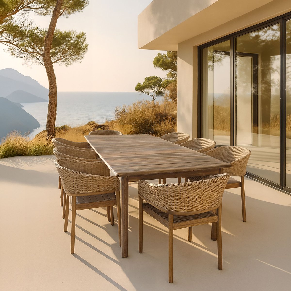 Salon de jardin table 230cm et 8 fauteuils en acacia et résine tréssée, ALHAMBRA brun, NOW'S HOME
