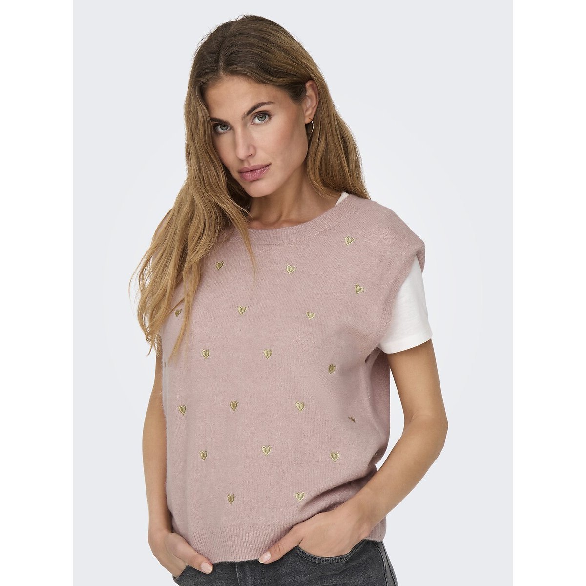 Pull col rond manches courtes rose, ONLY