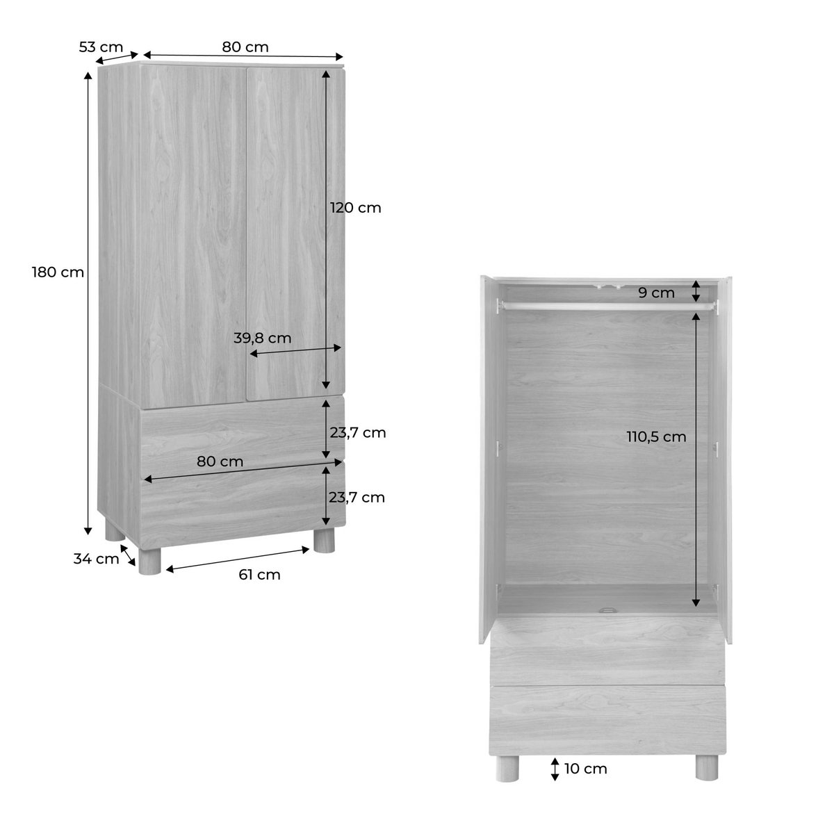 Armoire dressing décor bois 2 portes 2 tiroirs et 1 penderie AYANA bois de noisetier, SWEEEK