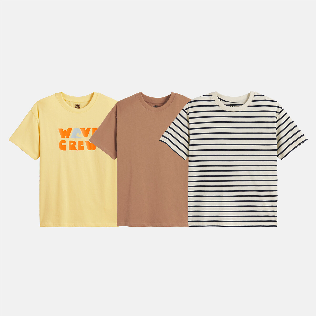 Lot de 3 T-shirts, col rond, manches courtes jaune + camel + rayé , LA REDOUTE COLLECTIONS