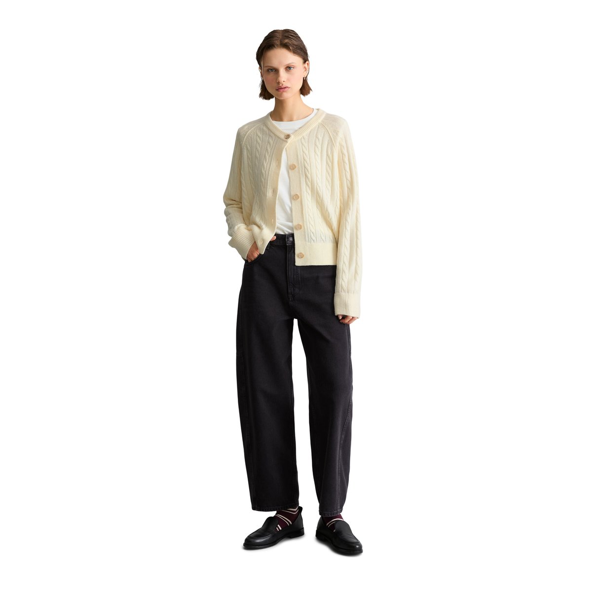 Cardigan oversize à mailles torsadées en mélange de laine vierge douce blanc, MARC O’POLO DENIM