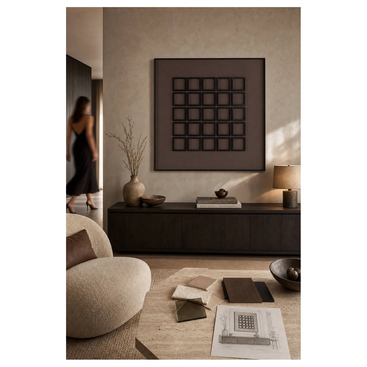 Tableau mural géométrique en bois et verre noir et brun, RECOLLECTION