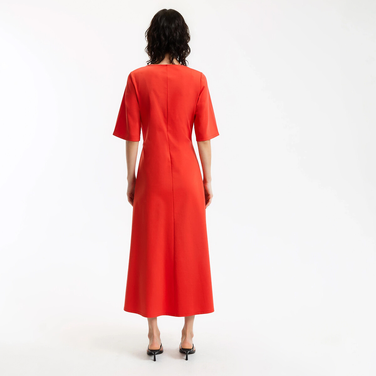 Robe midi manches coudes à taille drapée rouge, LA REDOUTE COLLECTIONS