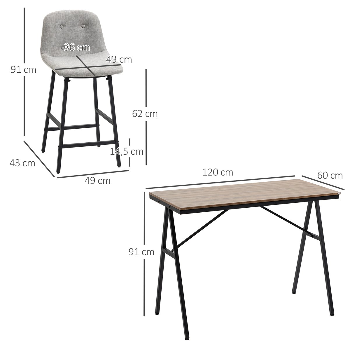 Ensemble de table de bar Acier Gris clair gris clair, bois, noir, HOMCOM