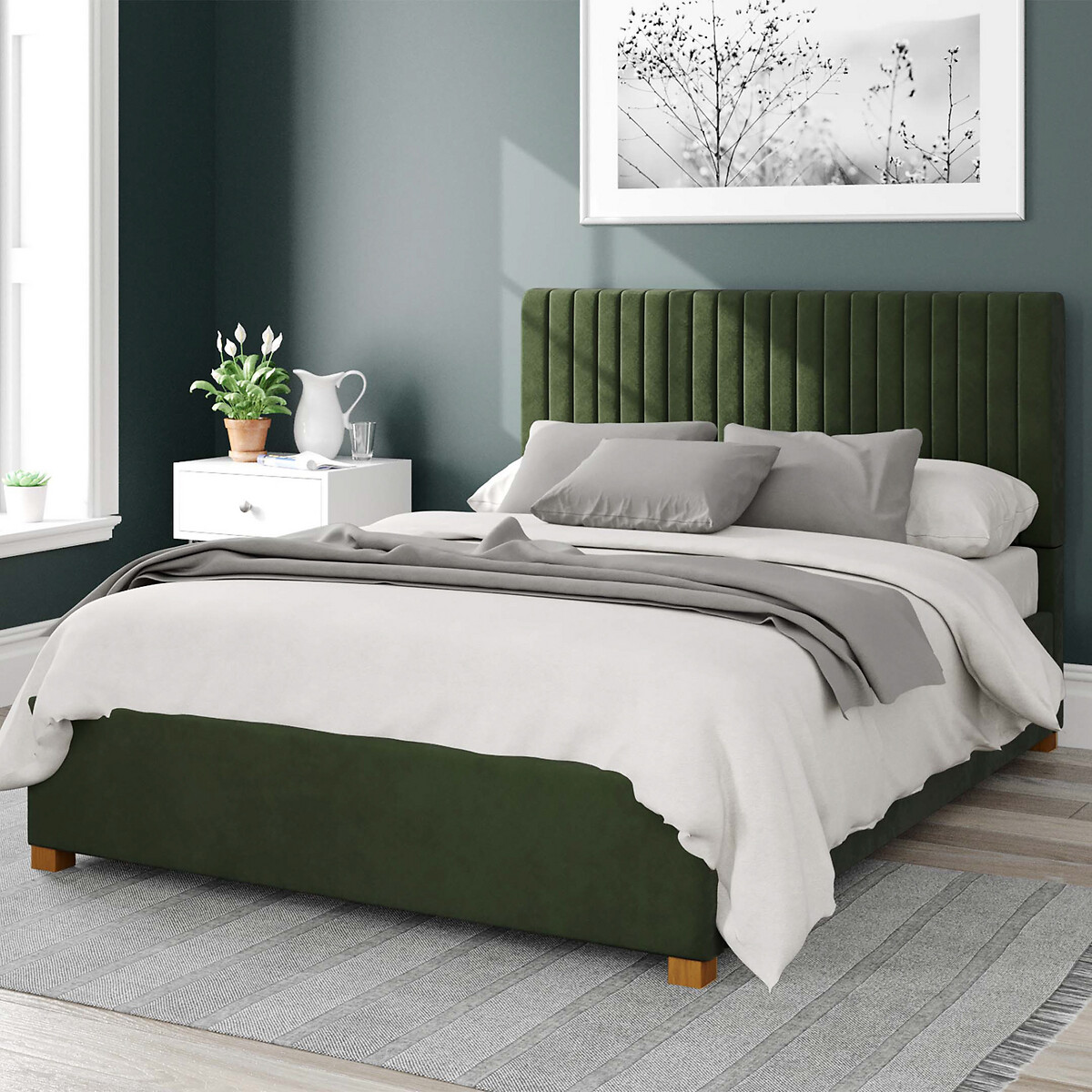 Grant Plush Velvet Storage Ottoman Bed with Vertical Upholstered Headboard forest green, ASPIRE