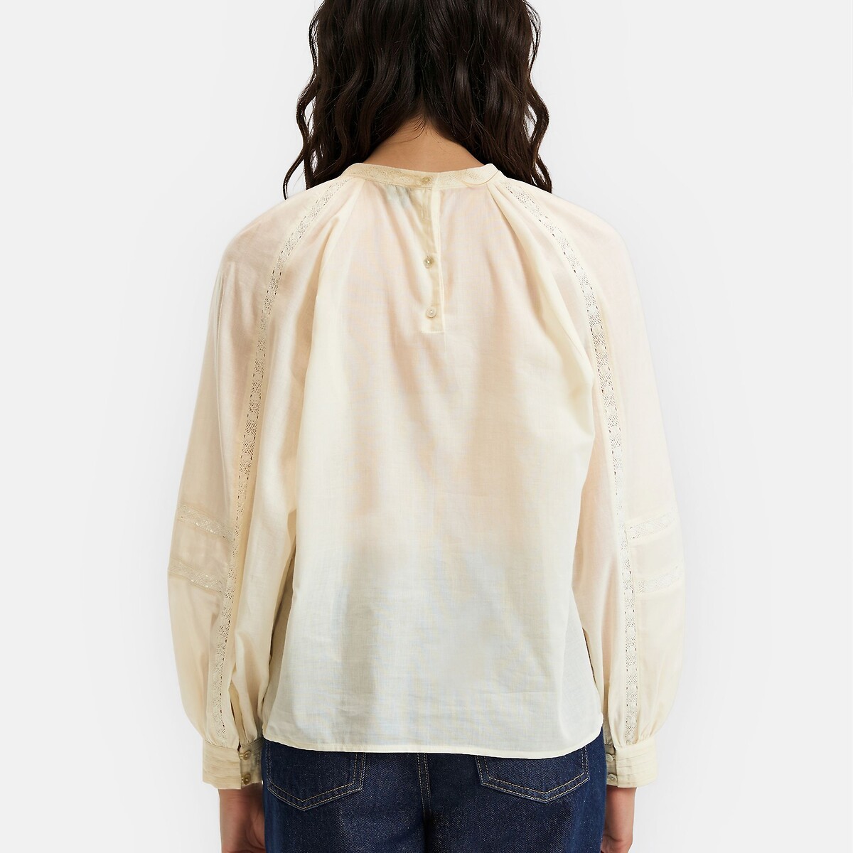 Embroidered Cotton Voile Blouse with Crew Neck ivory, LA REDOUTE COLLECTIONS
