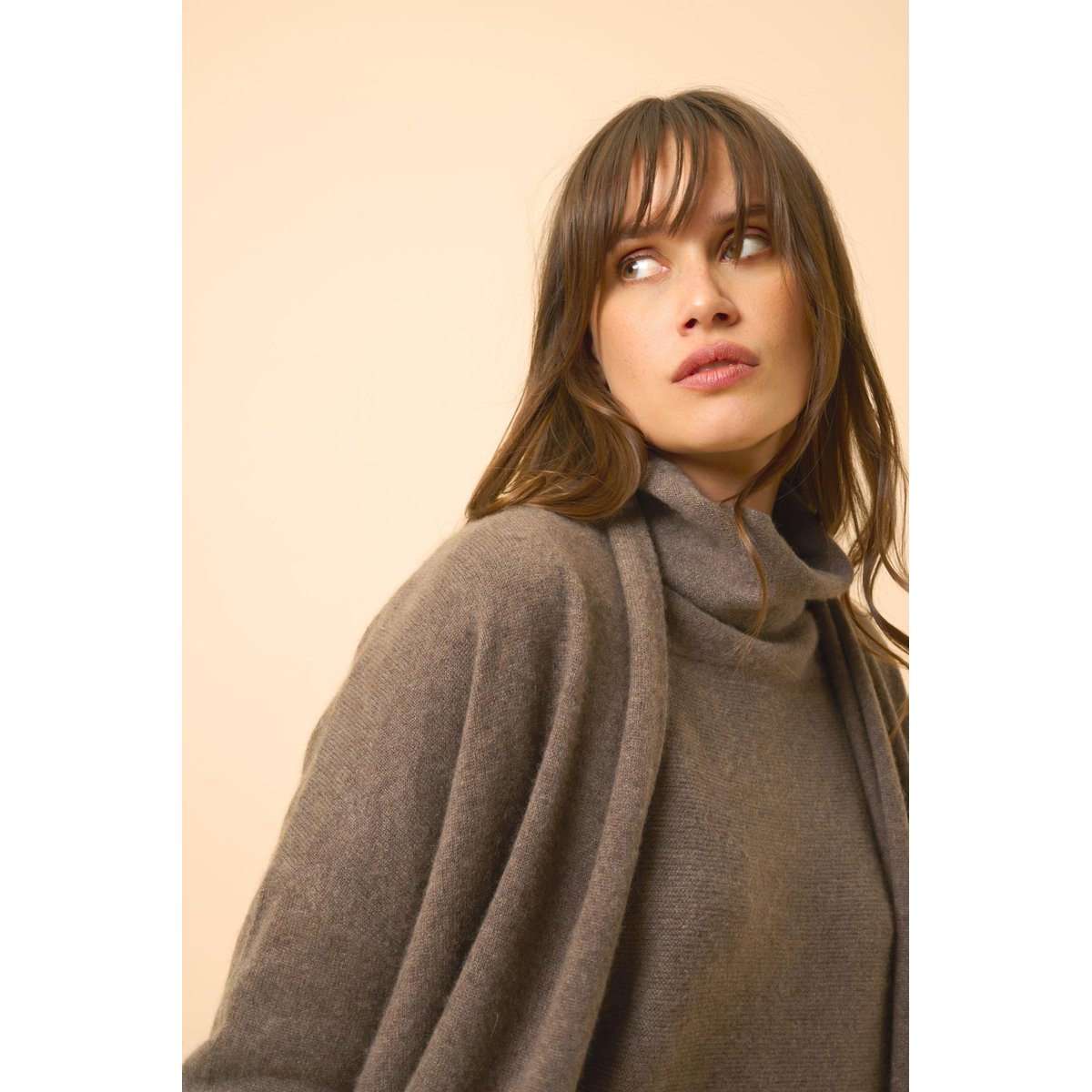 Gilet Long Ouvert Col Châle Taupe Chiné Maddie marron, JUST CASHMERE