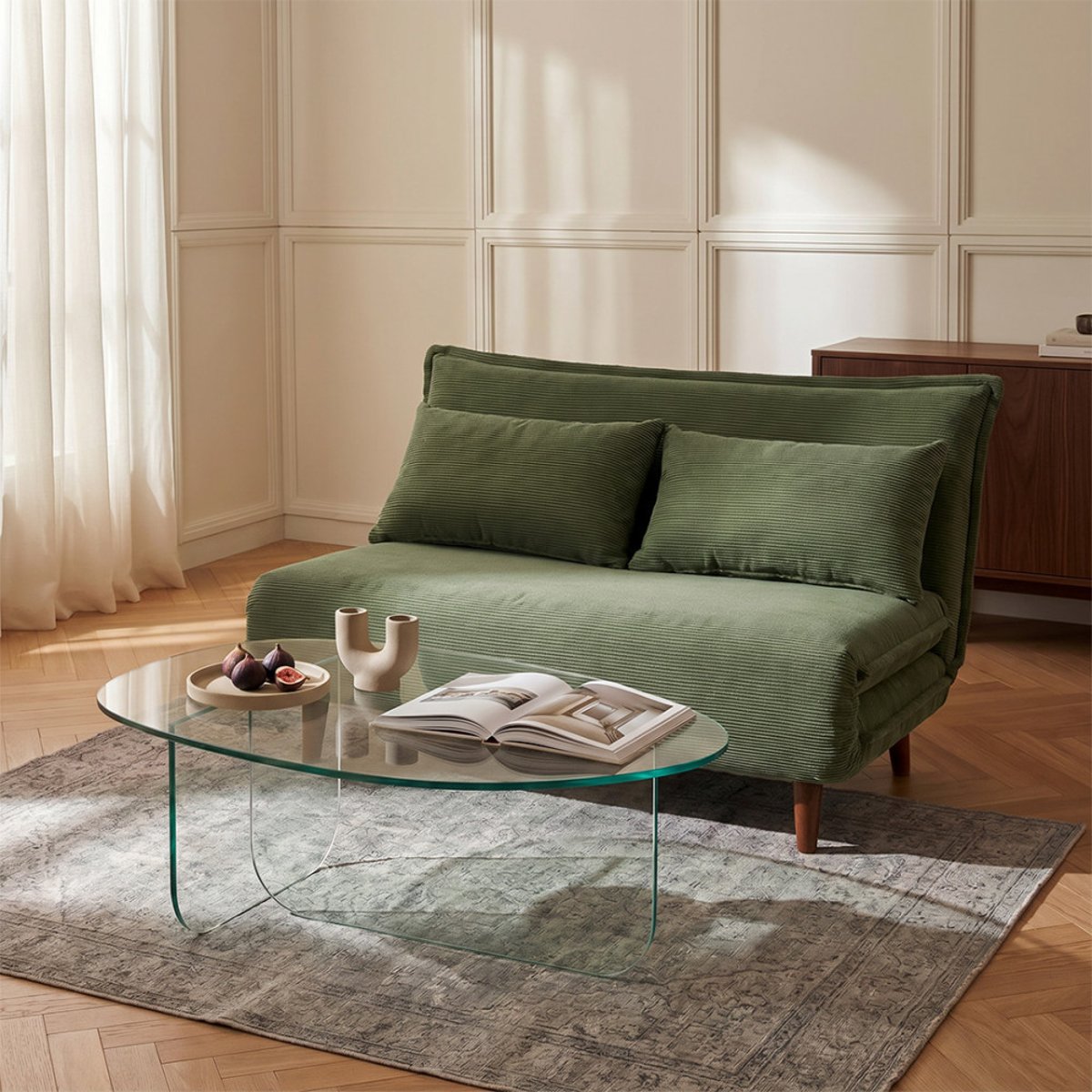 Canapé convertible 2 places en velours côtelé pieds bois foncé- NELLA vert, DRAWER