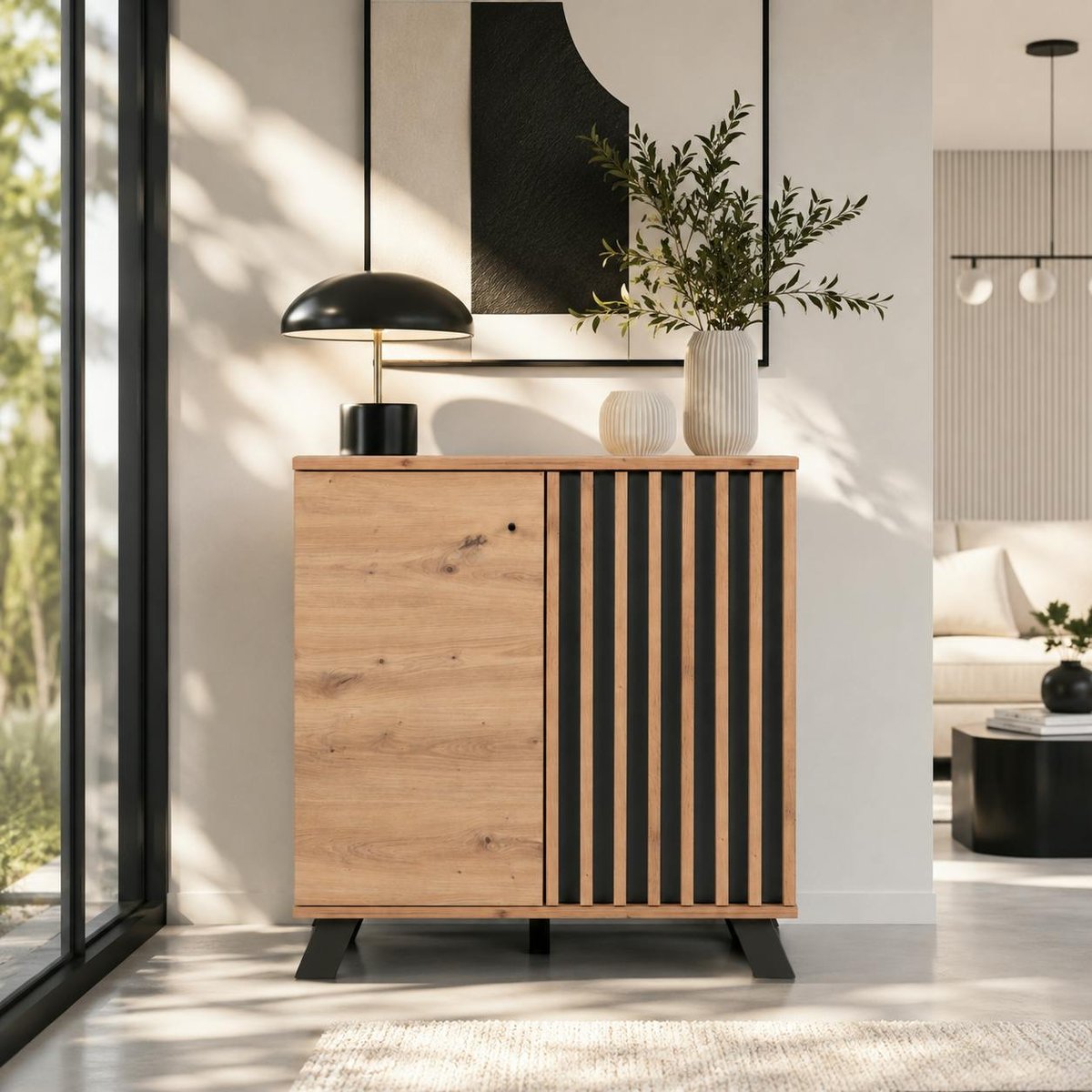 Petit buffet moderne 1 porte noire rainurée ALVA bois naturel, PIER IMPORT