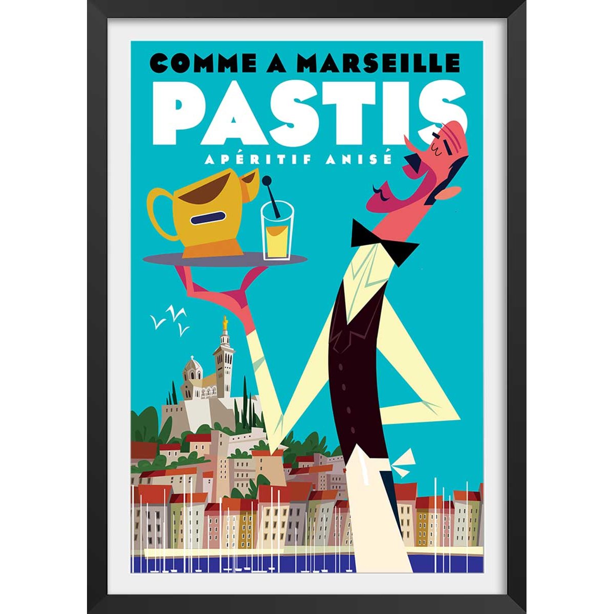 Poster un pastis sur le vieux port affiche + cadre en bois - noir, HEXOA