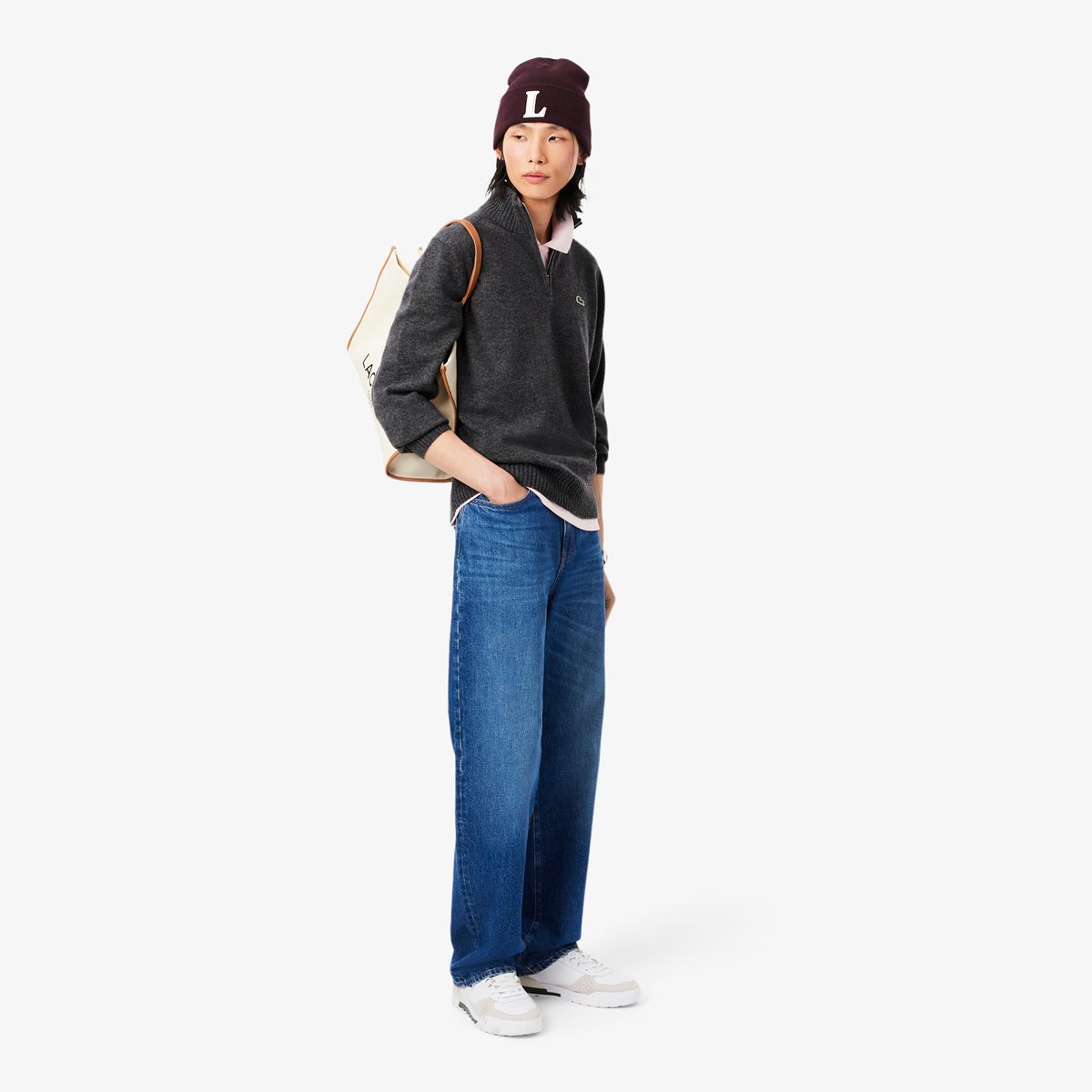 Pull zippé uni col montant laine gris-050, LACOSTE