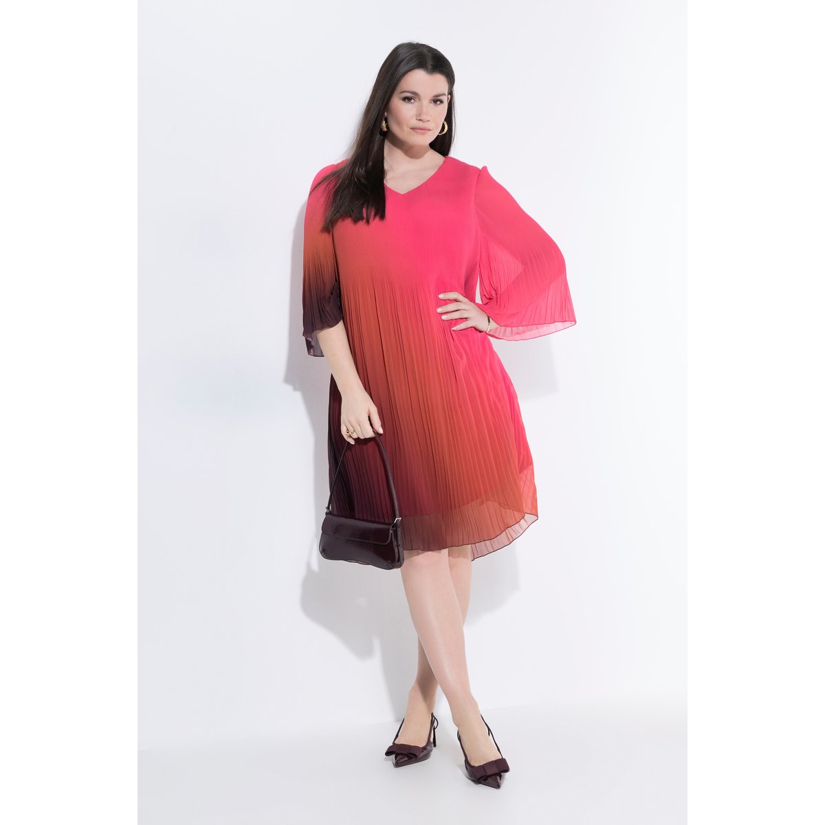 Robe plissée, dégradé, coupe A, col V rose vif fuchsia, ULLA POPKEN