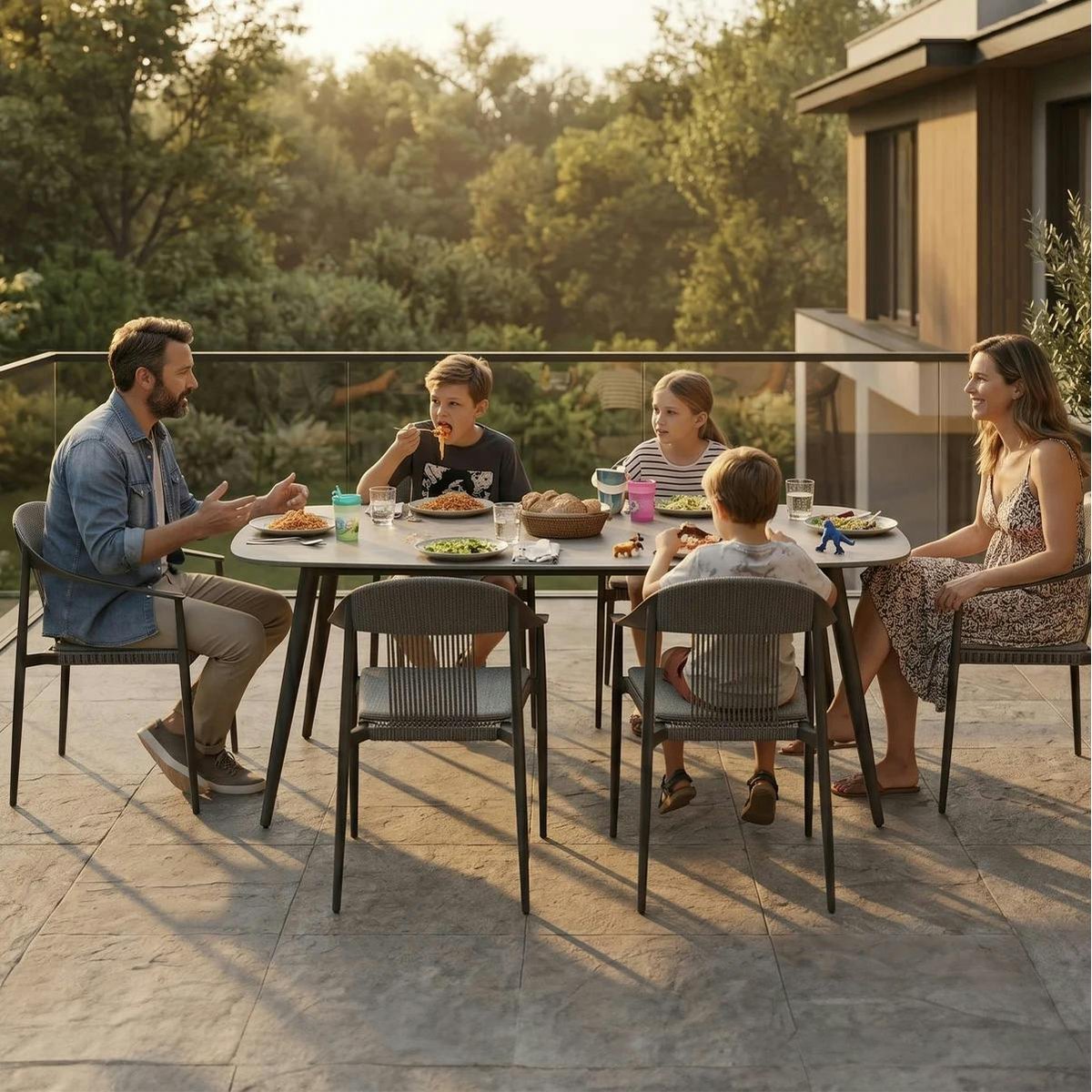 Ensemble repas de jardin 6 places, aluminium et céramique RIO gris, PIER IMPORT