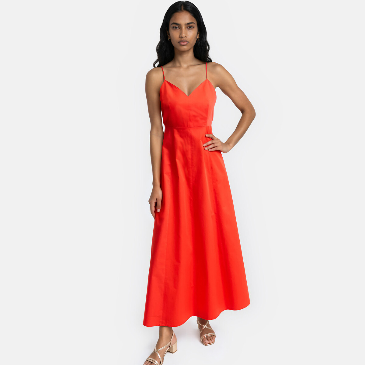 Lange jurk met V-hals en dunne schouderbandjes oranjerood, LA REDOUTE COLLECTIONS