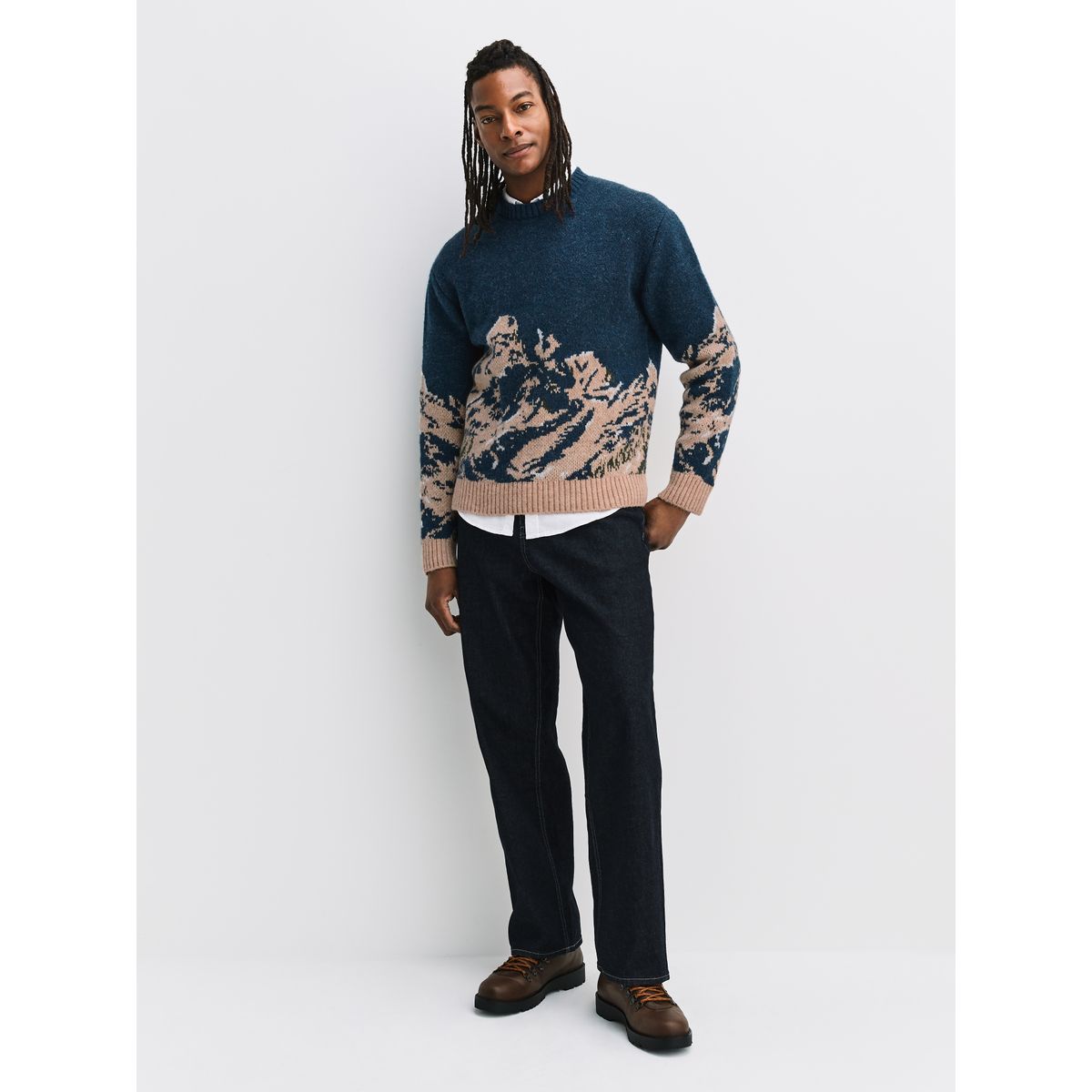 Pull ras du cou en mailleà motif montagnes bleu marine, NEXT