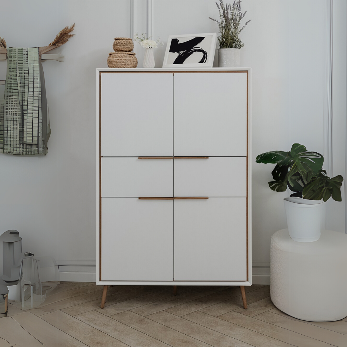 Buffet Haut 4 Portes et 2 Tiroirs H140 cm - ARONA chêne artisan / blanc, CALICOSY
