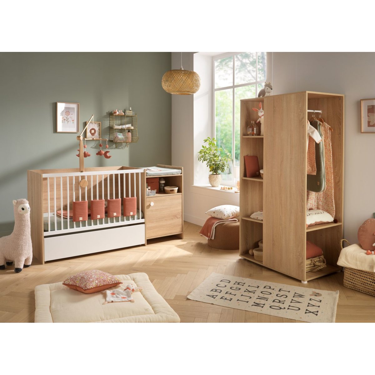 Lit combiné évolutif en décor bois avec commode à langer 1 porte marron, BABY PRICE