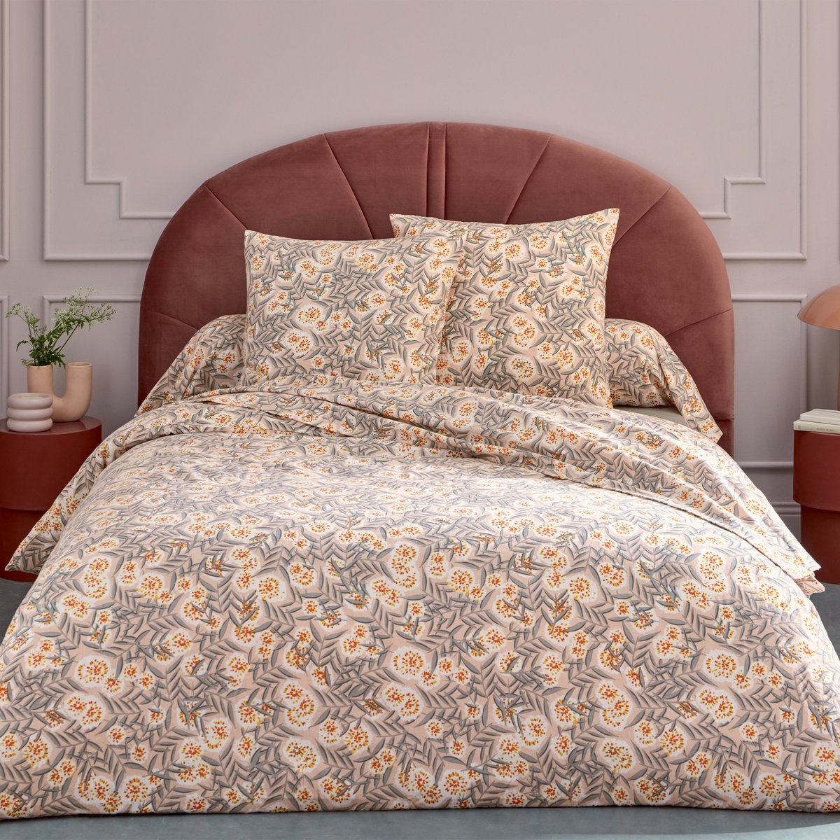 Parure de lit 3 pièces flanelle feuillage housse + taies gris, TRADILINGE