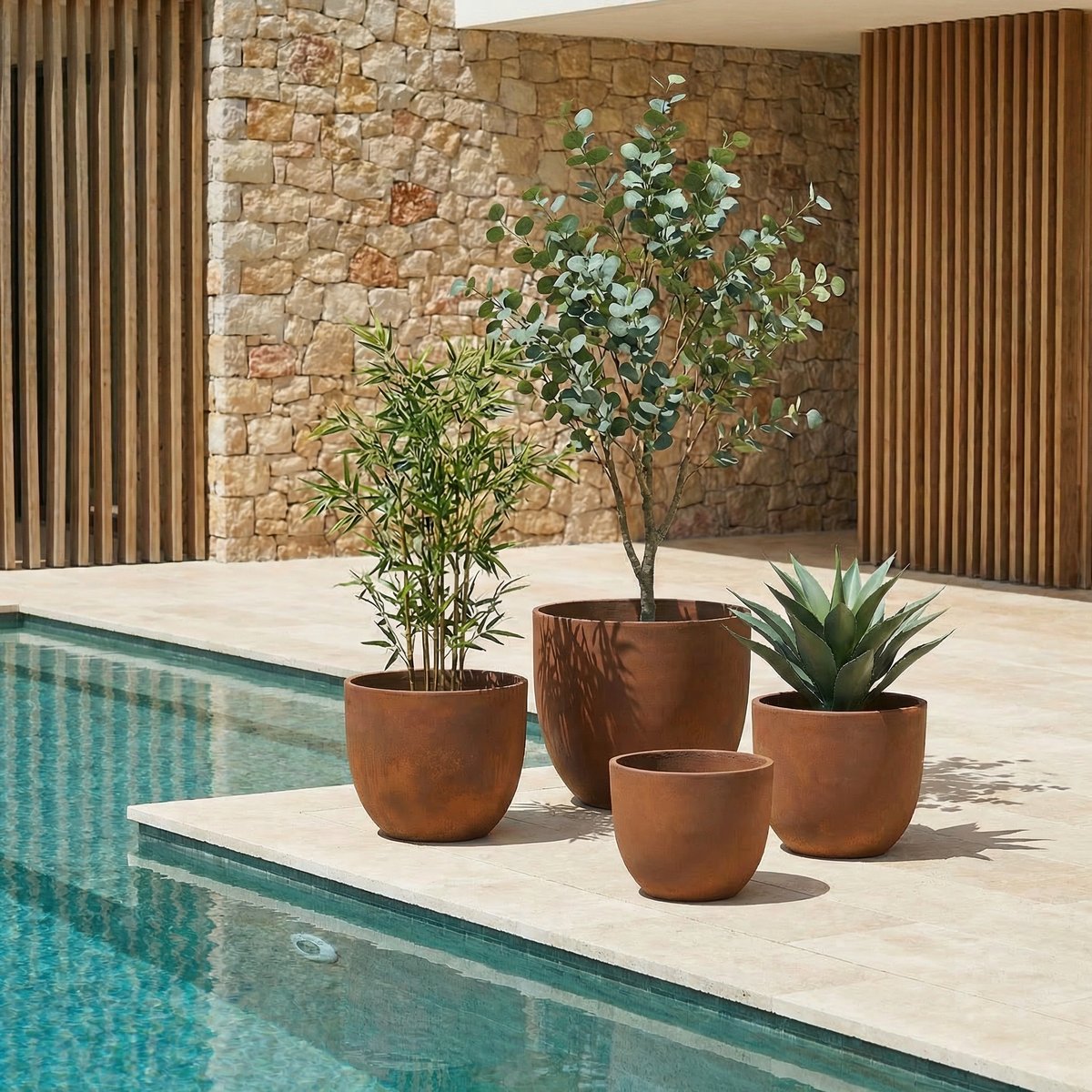 Lot de 4 cache-pots décoratifs arrondi en fibre H45 Terra orange terracotta, SIA DECO