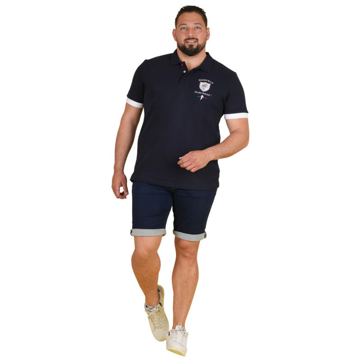 Polo en coton marine uni pourvu d'un écusson brodé et d'une coupe droite bleu foncé, RUCKFIELD