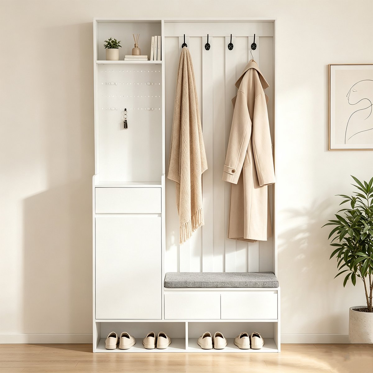 Vestiaire d'entrée avec banc et rangement, PORTER-D blanc, MEUBLES COSY