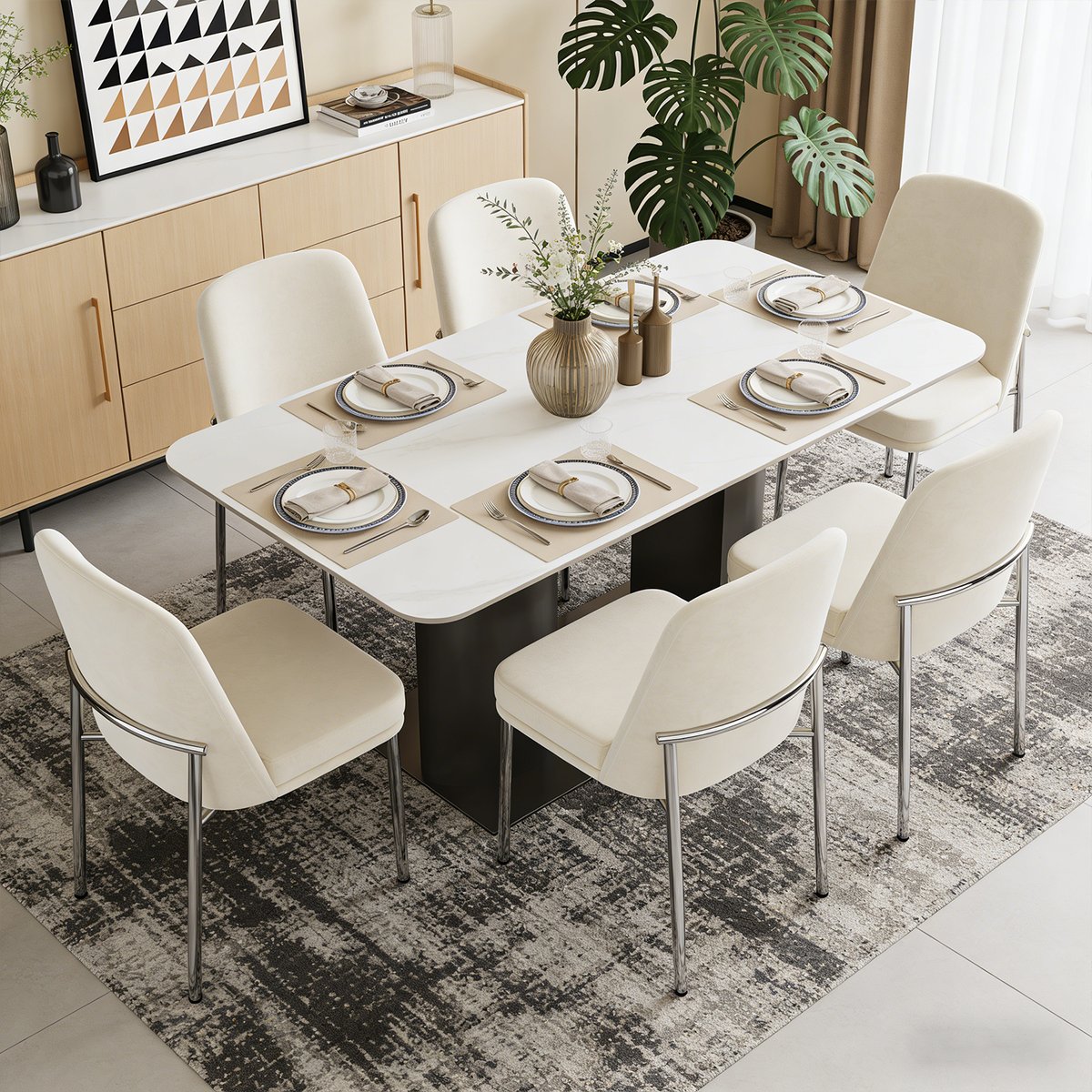 Lot de 6 chaises de salle à manger en velours avec pieds métal, DUORAUC beige, MEUBLES COSY