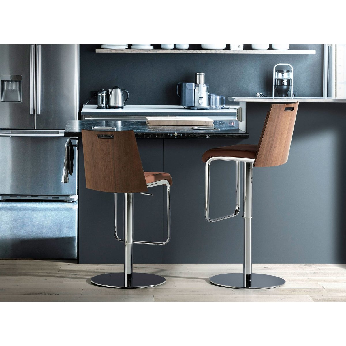 Tabouret en simili et acier chromé marron | noyer | acier, ANGEL CERDA