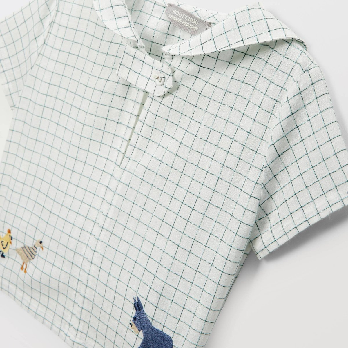 Chemise manches courtes à carreaux brodée en coton ecru, BOUT'CHOU