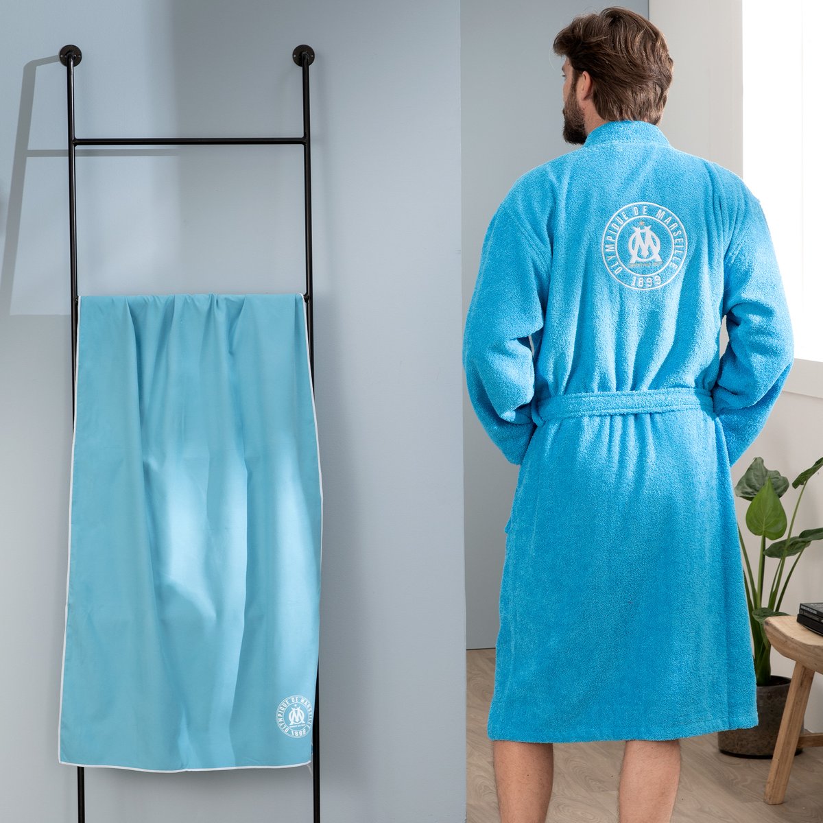Peignoir col kimono brodé bouclette 100% coton, OM 1899 bleu, OLYMPIQUE DE MARSEILLE