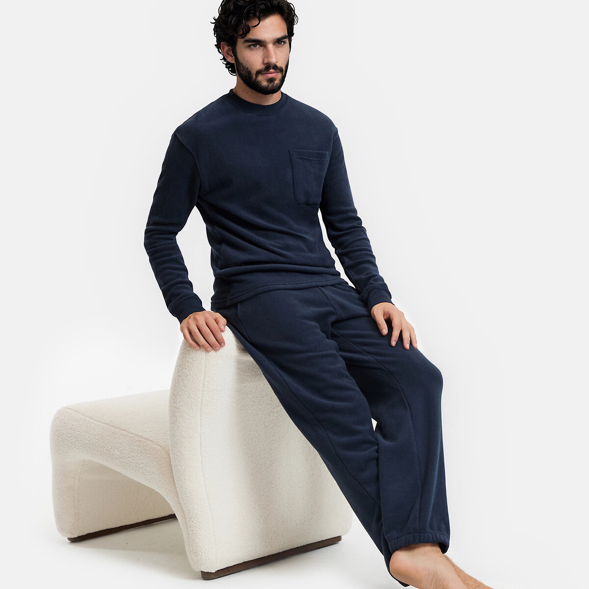 Pyjama en éponge coton gratté bleu marine, LA REDOUTE COLLECTIONS