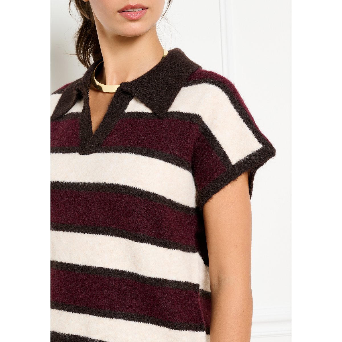Pull polo à rayures blanc vanille, LOLALIZA
