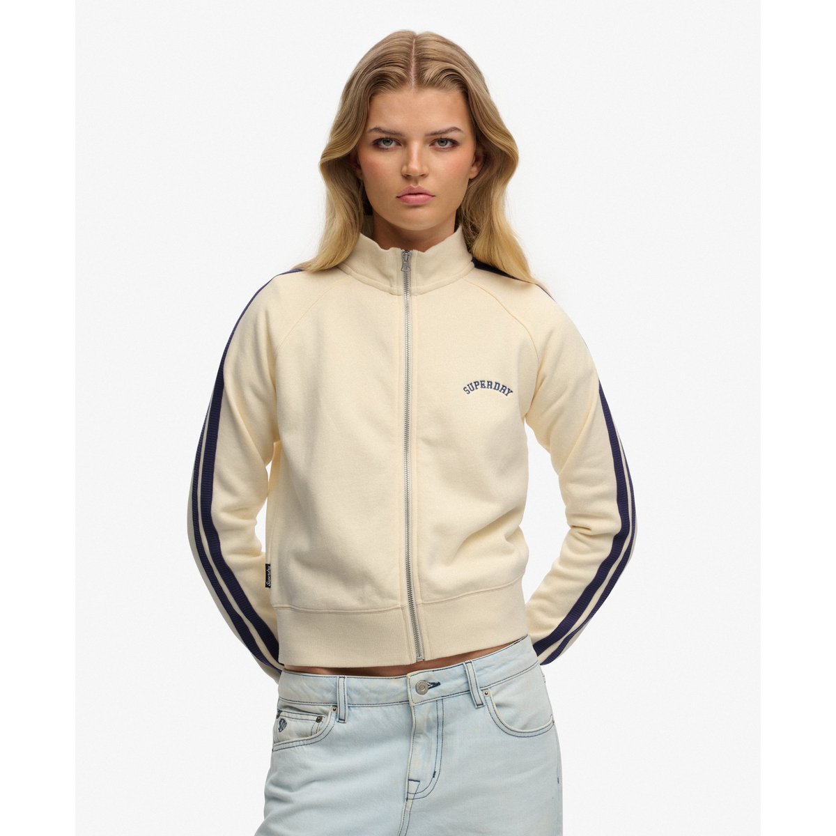 Sweat zippé Essential Logo blanc cassé os du désert, SUPERDRY