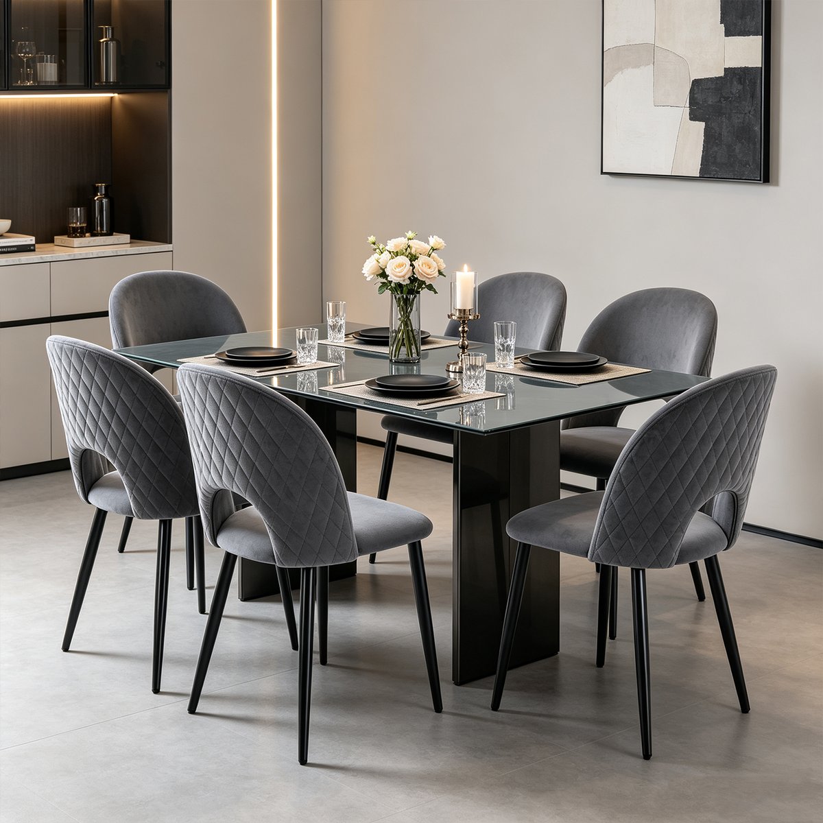Lot de 6 chaises de salle à manger style industriel en velours, BANZEL gris, MEUBLES COSY