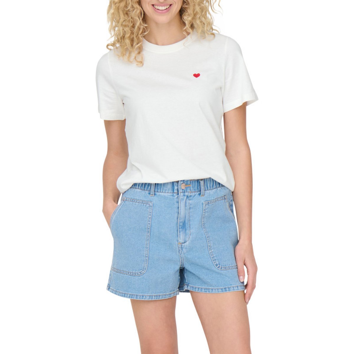 T-shirt en coton blanc uni avec une coupe droite et un col rond blanc, JDY