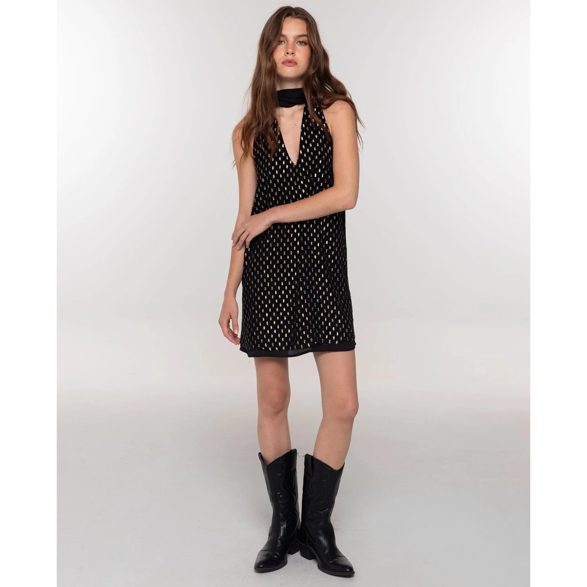 Robe midi noire avec nœud au cou et détails dorés noir, THE-ARE